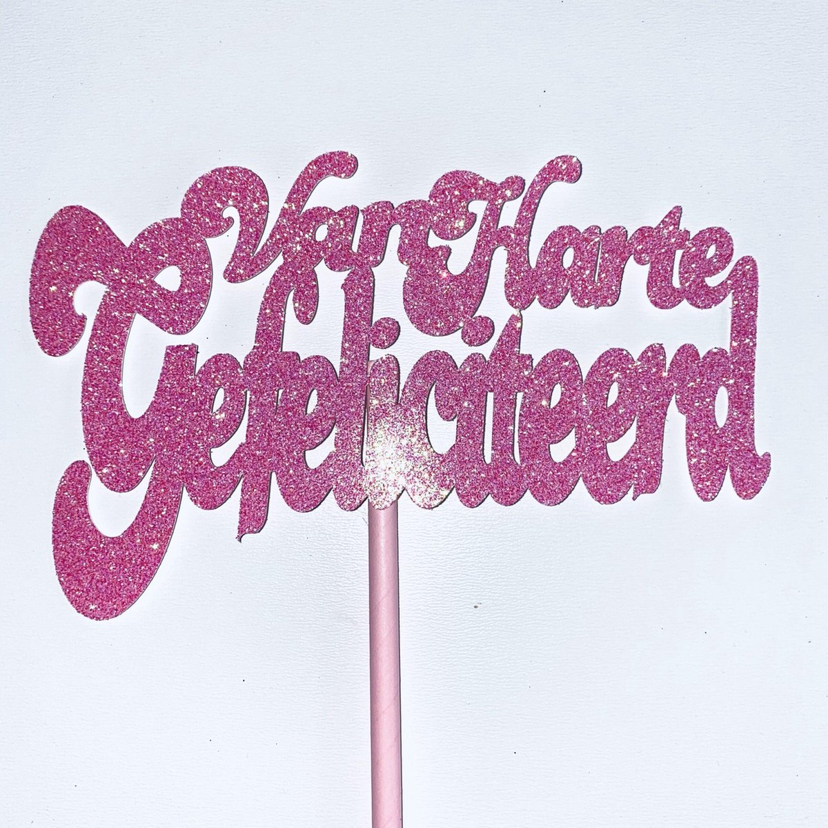 Taarttopper| Cake topper |Gefeliciteerd| Verjaardag| Fuchsia roze glitter|16 cm| karton